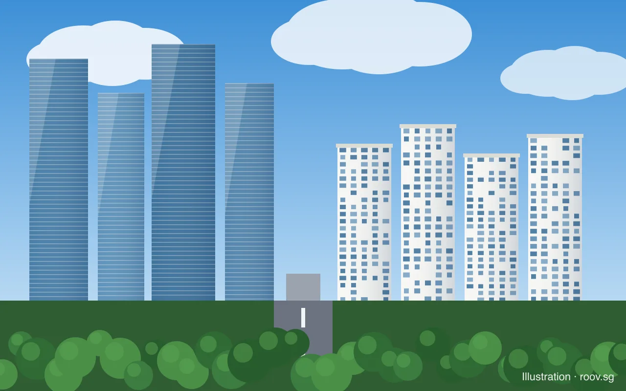 Glass towers of the prime core central region beside suburban condominium blocks, with a road between them. Illustration by Roov.
