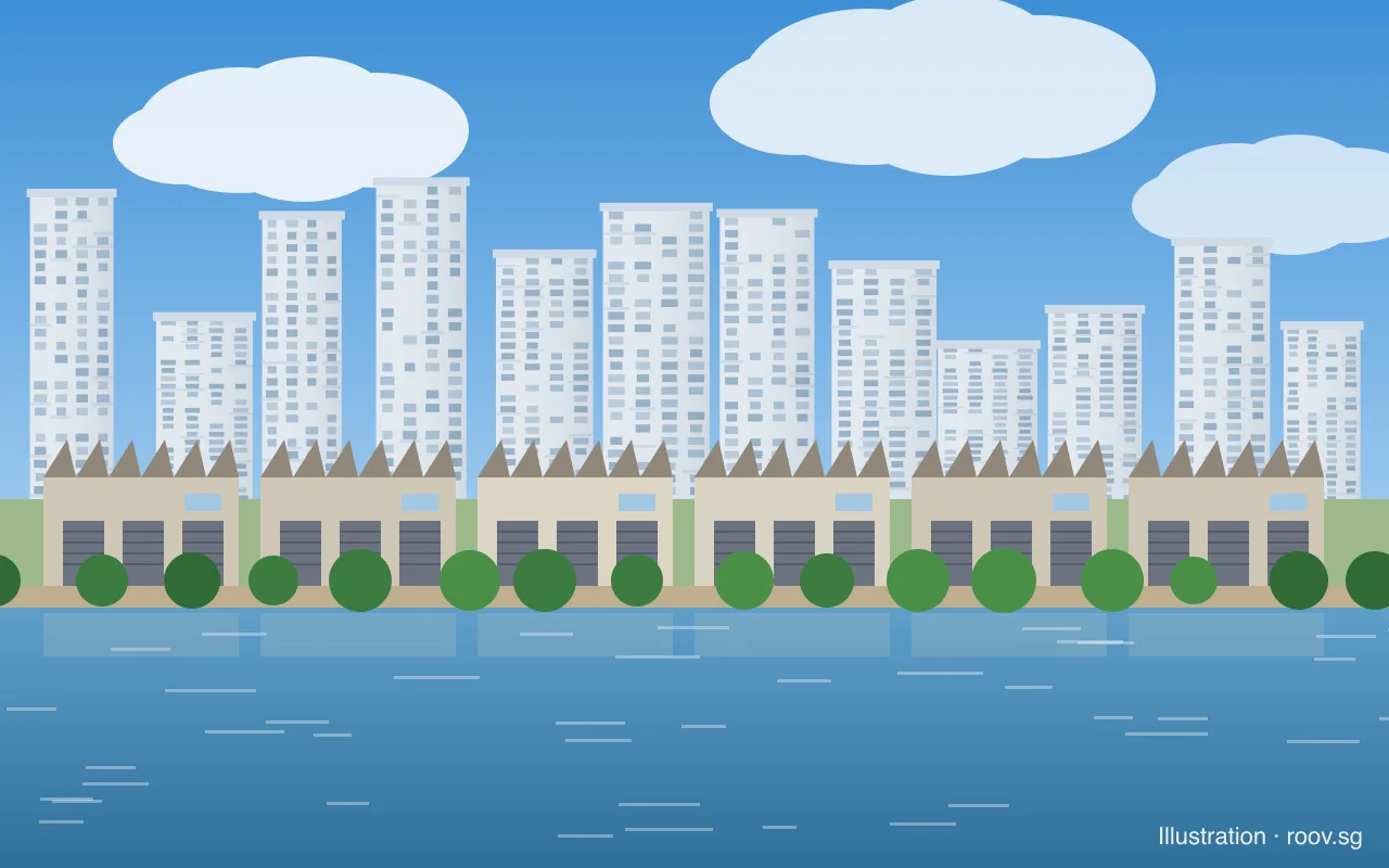 Old riverside warehouses along the Kallang River, with the city's housing behind. Illustration by Roov.