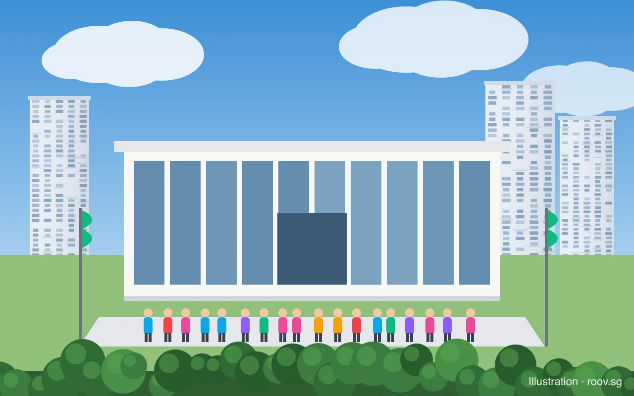Buyers queueing outside a new condo's sales gallery on launch weekend. Illustration by Roov.
