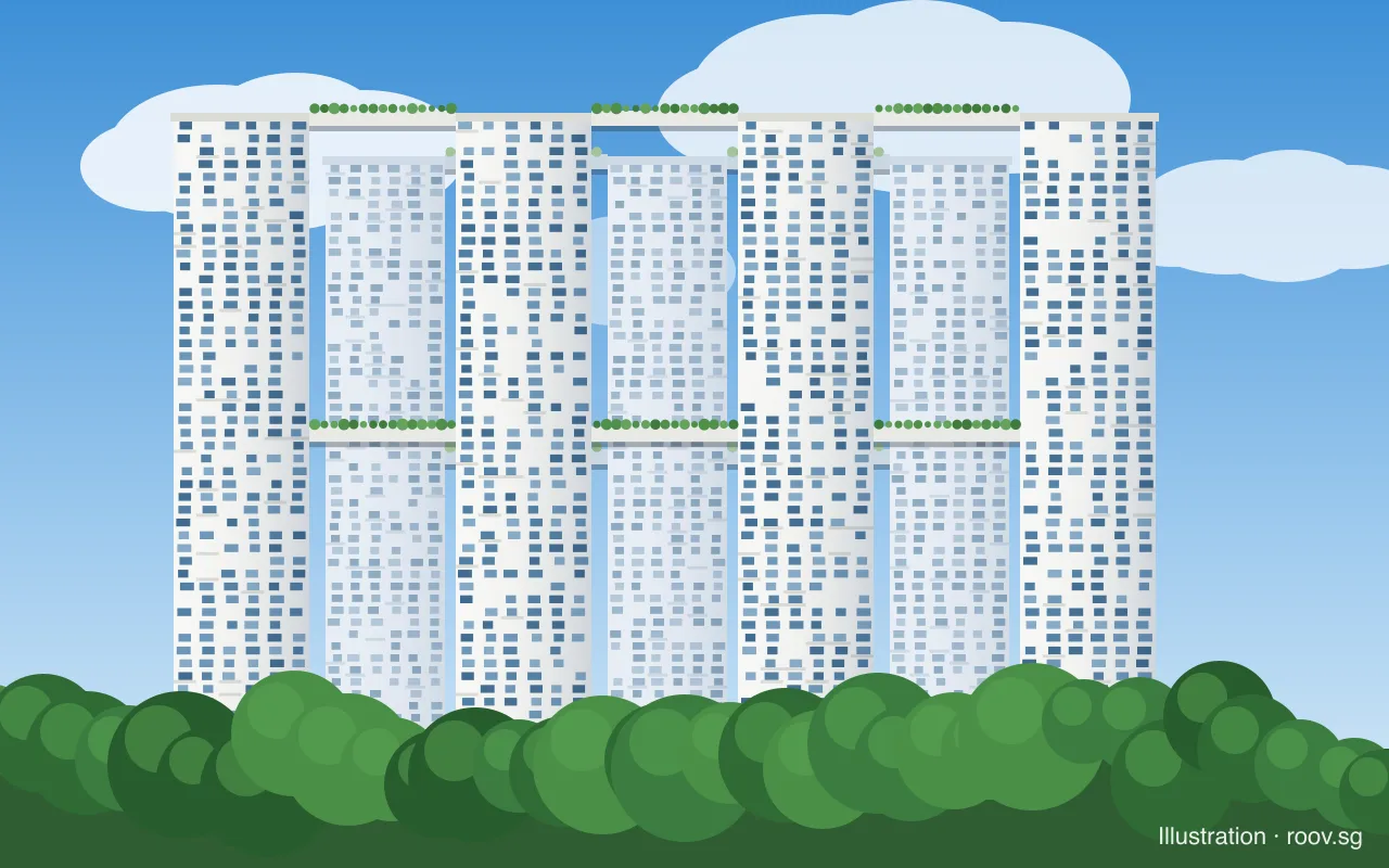 Pinnacle@Duxton on Cantonment Road: seven 50-storey HDB blocks joined by sky bridges at the 26th storey and the roof. Illustration by Roov.