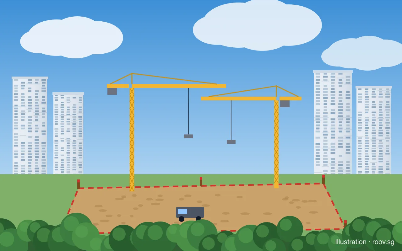 A cleared government land sale site, marked out with survey pegs, with tower cranes up and condominiums behind. Illustration by Roov.