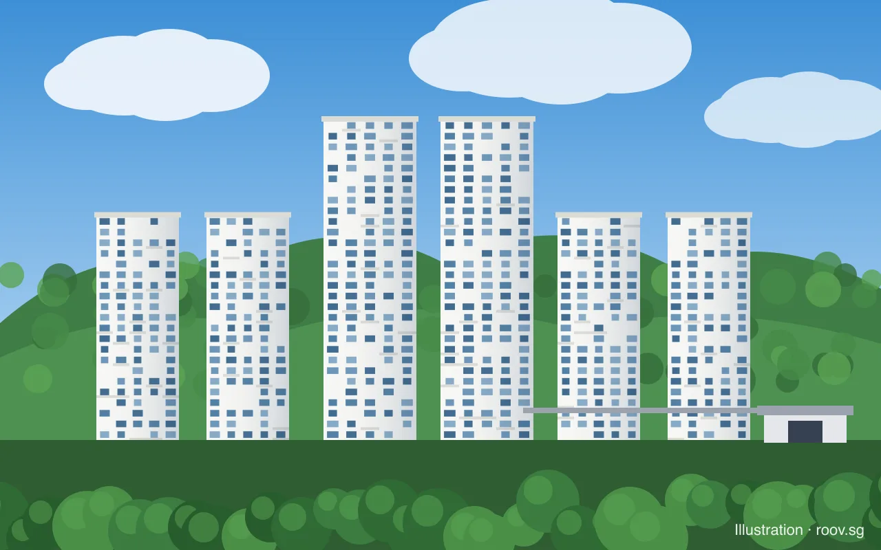 Thomson Reserve's six towers, four of 21 storeys and two of 30, against the greenery of the Central Catchment, with the walkway to Upper Thomson MRT. Illustration by Roov.