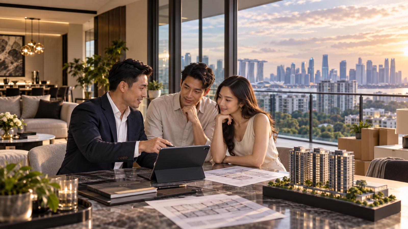 An agent walking a couple through floor plans and a condo model before an upgrade