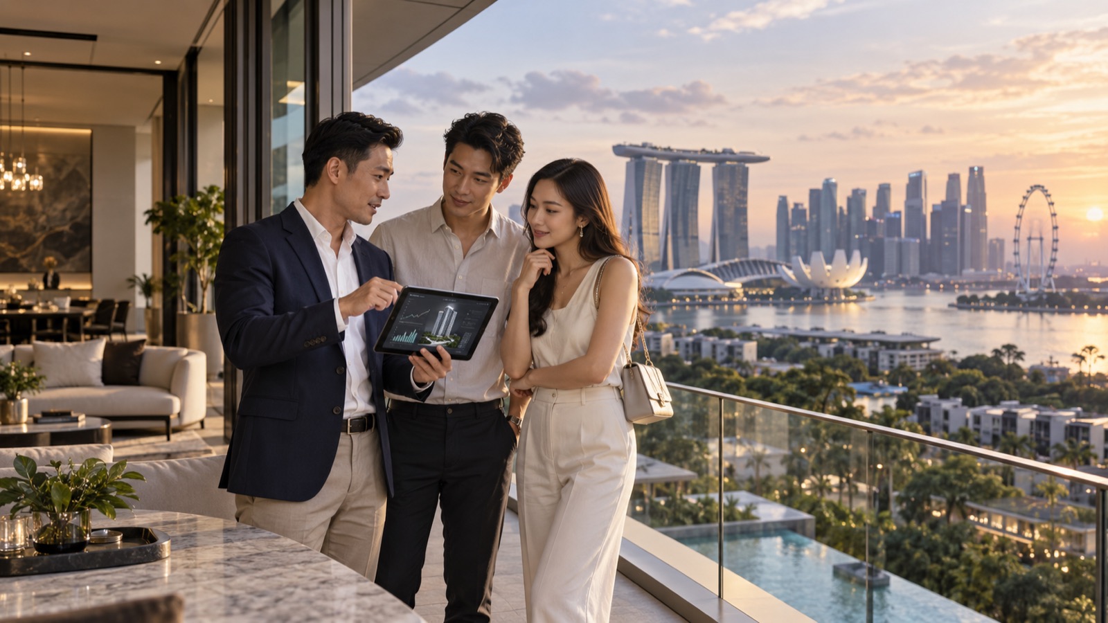 A Singapore property agent showing a couple a market analysis on a tablet, with Marina Bay behind them at dusk
